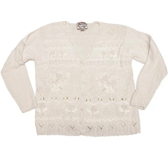 Vintage Grandma Sweater Sz L Knit Beaded Flowers Ivory GrannyCore Crochet Chunky - Picture 2 of 7